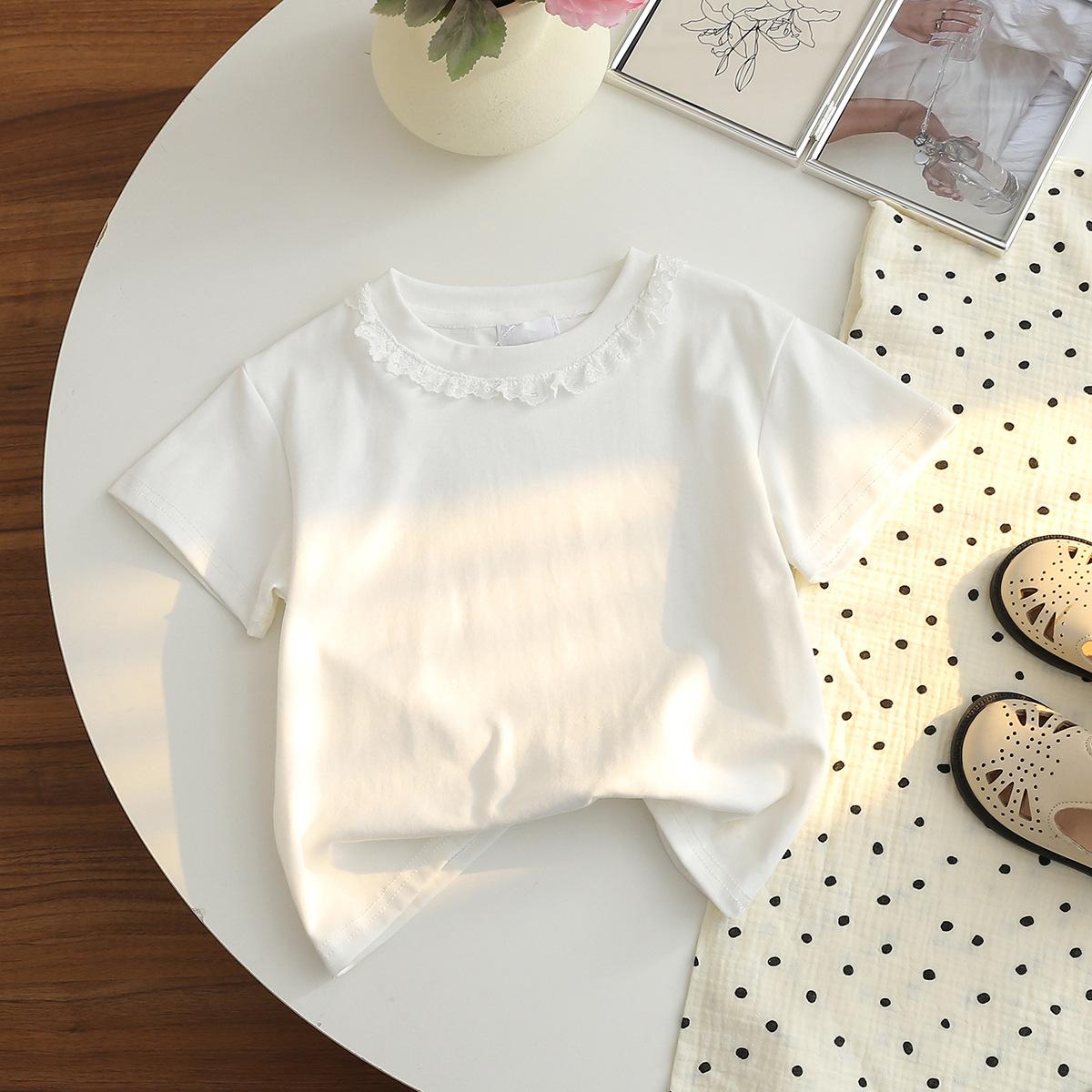 Girls Summer Lace Ruffle Peter Pan Collar Short Sleeve T Shirt Casual Top 90