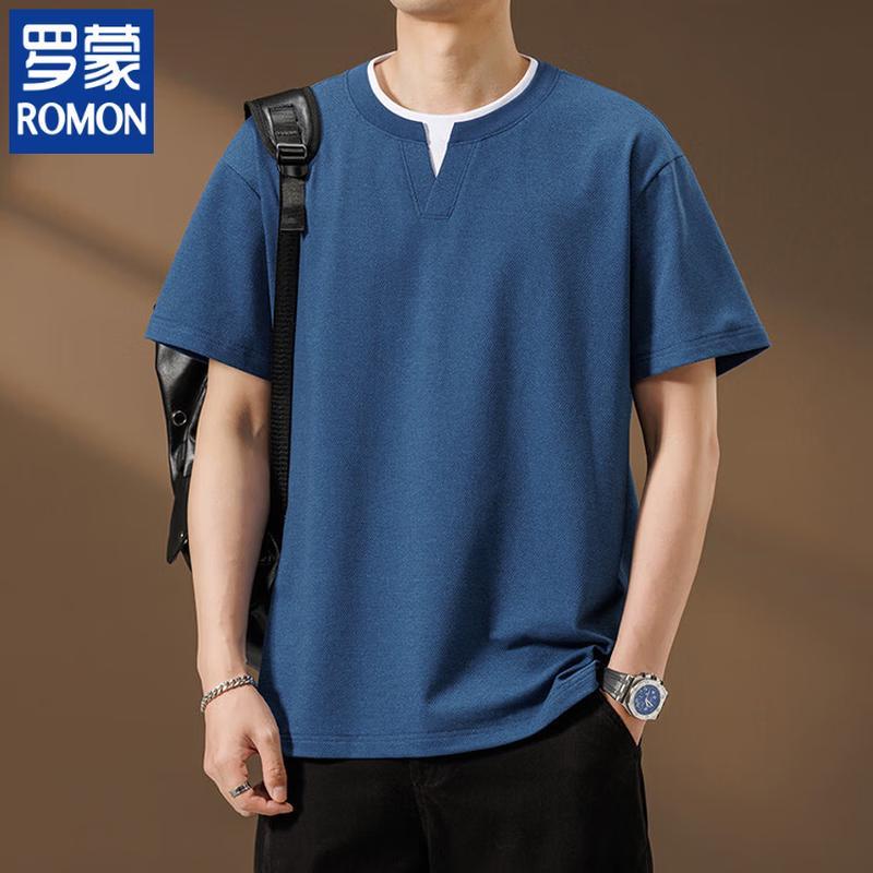ROMON Men s Pineapple Texture Mock Layer T-Shirt 4XL