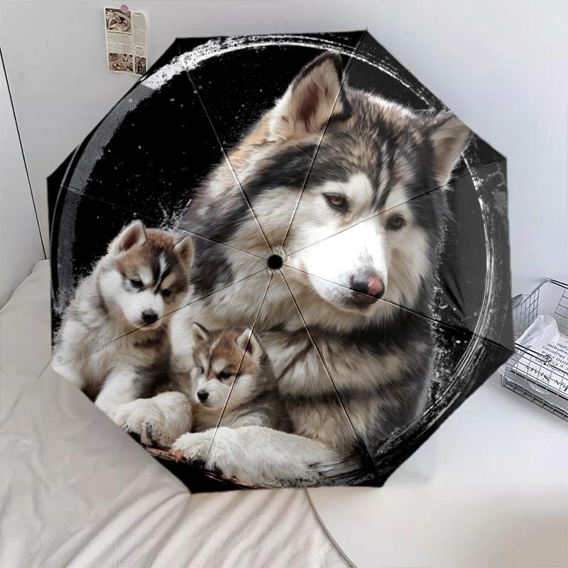 Three Wolves  Pattern, Automatic Folding Umbrella, Portable and Foldable Design, 8 Ribs, a Christmas or Birthday Gift.