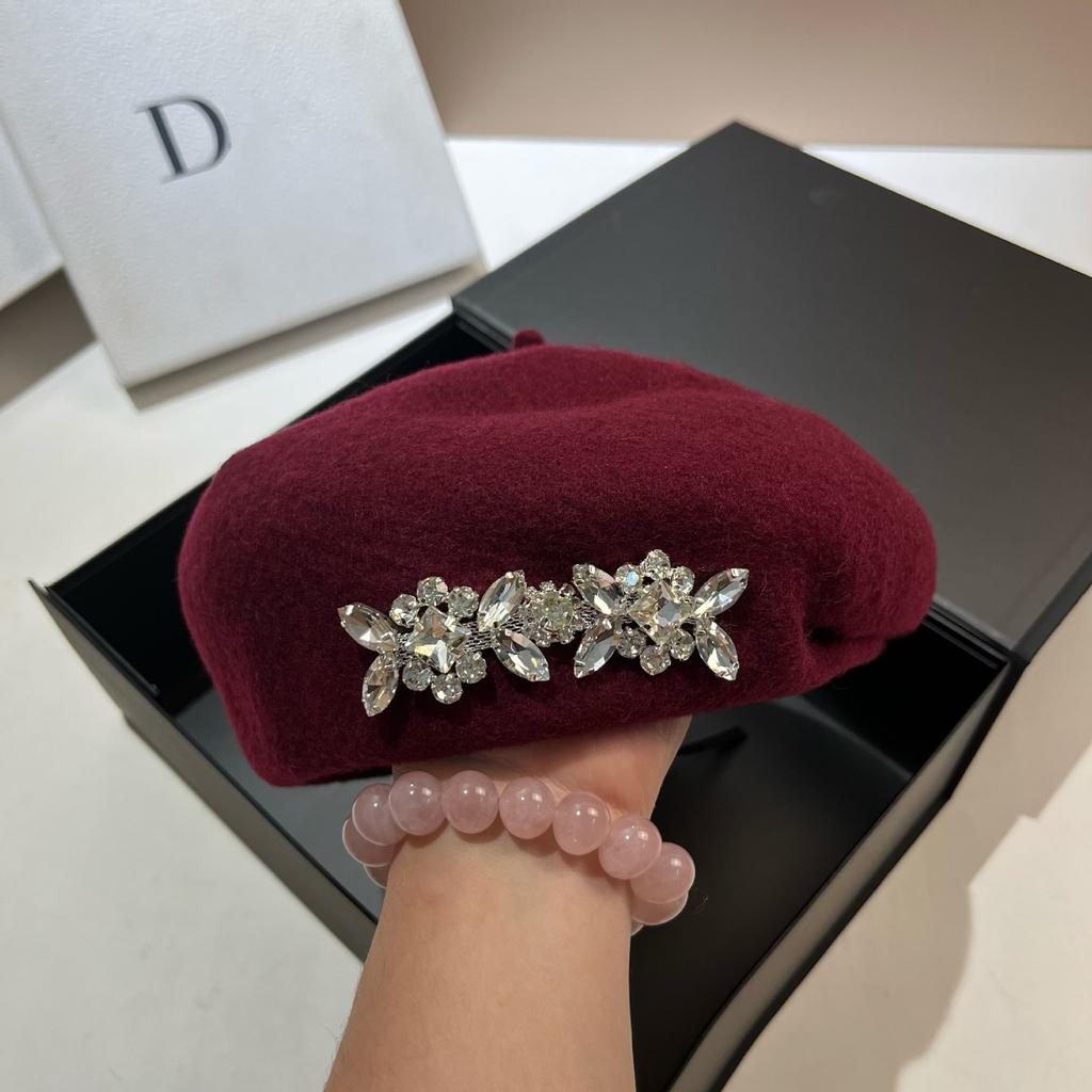 Japanese Irregular Wool Beret Light Luxury Rhinestone Three-Dimensional Bud Hat Temperament Painter Hat