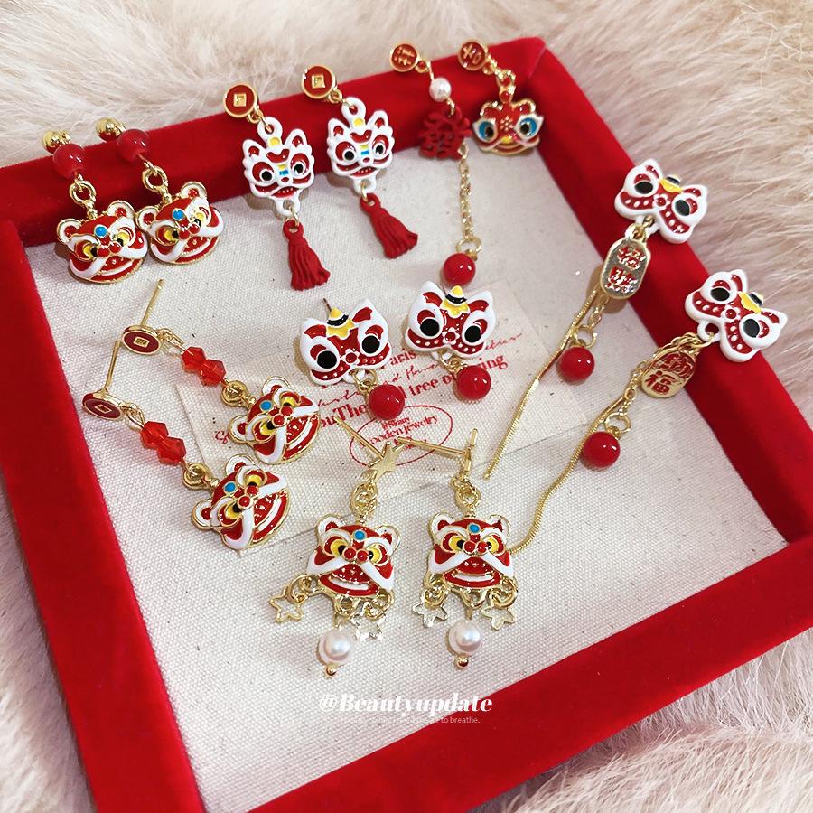 Silver Needle Chinese Lion Fortune Drop Earrings: New Year Festive High-End Dangle Earrings for Women