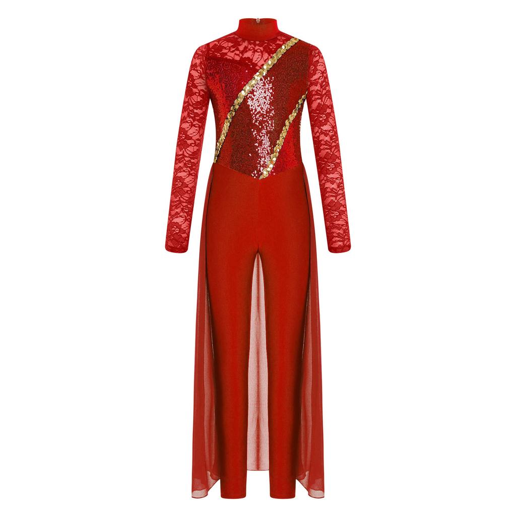 Fete Gimnastică Patinaj Artistic Salopetă Dantelă Florală Mânecă Lungă Gât Mock Paiete Fustă Șifon Salopete Costum de Dans