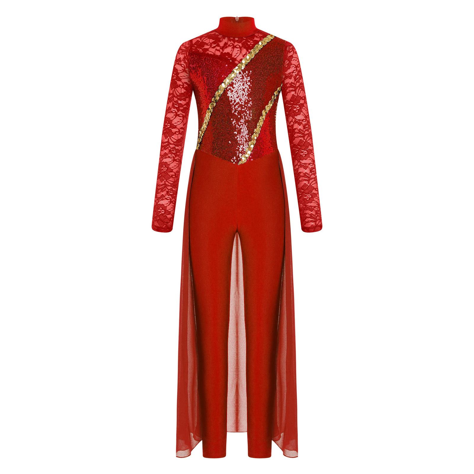 

Дівчачий гімнастичний комбінезон для фігурного катання з квітковим мереживом, довгим рукавом і коміром-стійкою, паєтками та шифоновою спідницею, ромпер для танців 5-6 Years бордовий