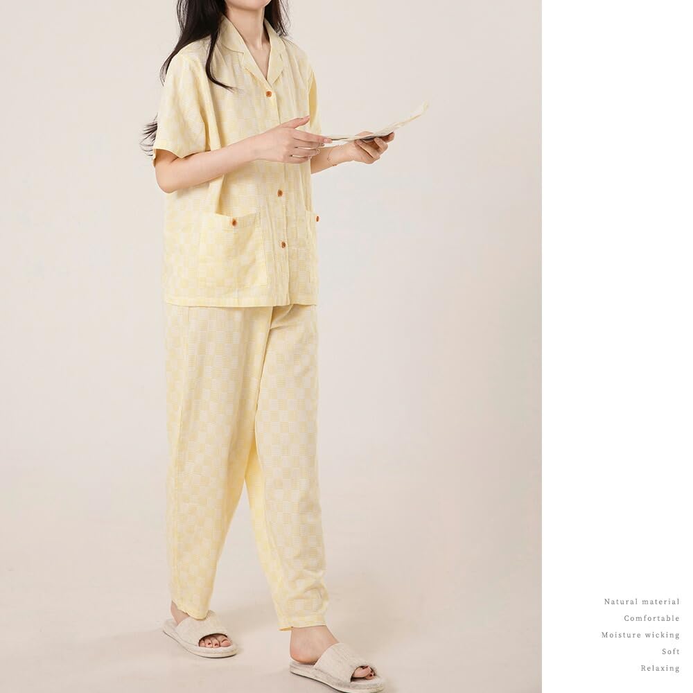 Yes Family Double Gauze Pajama Short Check Size Yellow Women's Set, 100% Cotton, Sleeves, Pattern, L,