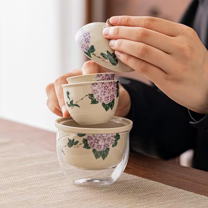 Hydrangea | Women'S Travel Tea Set, Small Set, One Pot And Two Cups, Value-Added Outdoor Camping, Portable Express Cup Gift