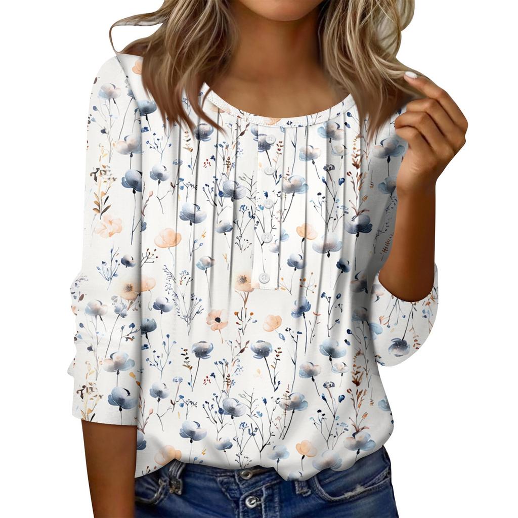 Women's Round Neck Pull Stripe Decorative Button Top Casual Solid Color 3/4 Sleeve T Shirt