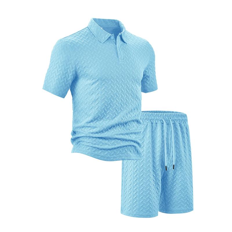 Summer New Men's Polo Shirt Set Casual Sporty Cool Fashionable Slim Fit Solid Color Short Sleeved Jacquard Shorts Set Men's
