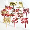 Happy New Year Acrylic Cake Toppers Star Pattern Gold Red Color DIY Cupcake Flags for 2025 New Year's Eve Party Cake Decoration