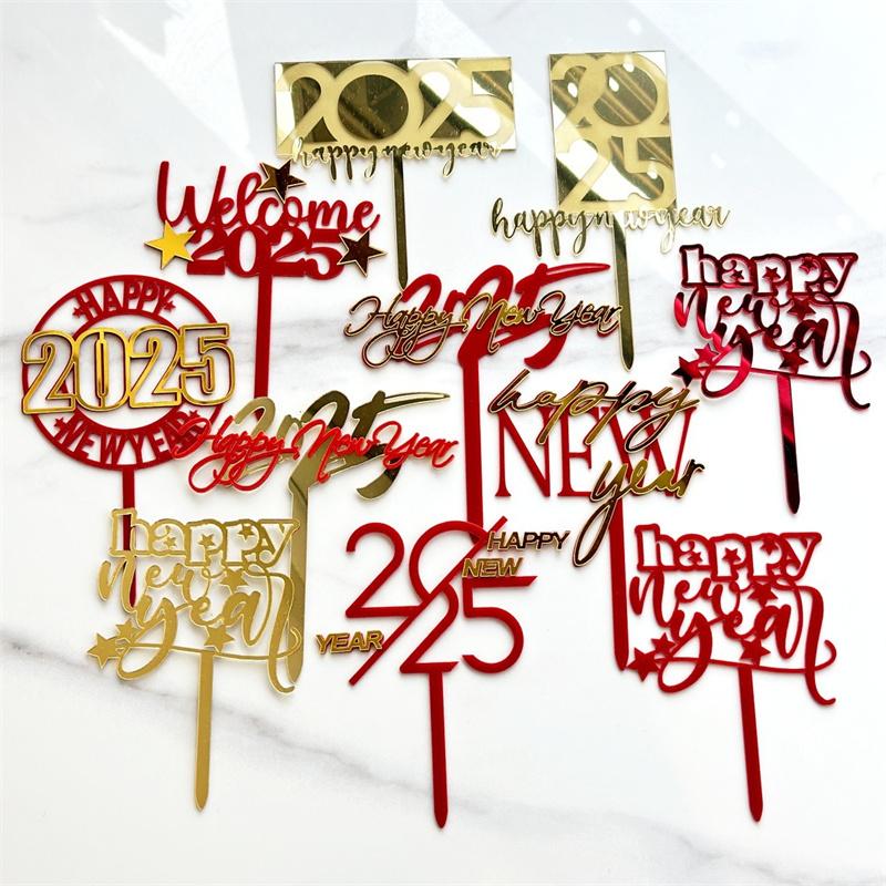 Happy New Year Acrylic Cake Toppers Star Pattern Gold Red Color DIY Cupcake Flags for 2025 New Year's Eve Party Cake Decoration
