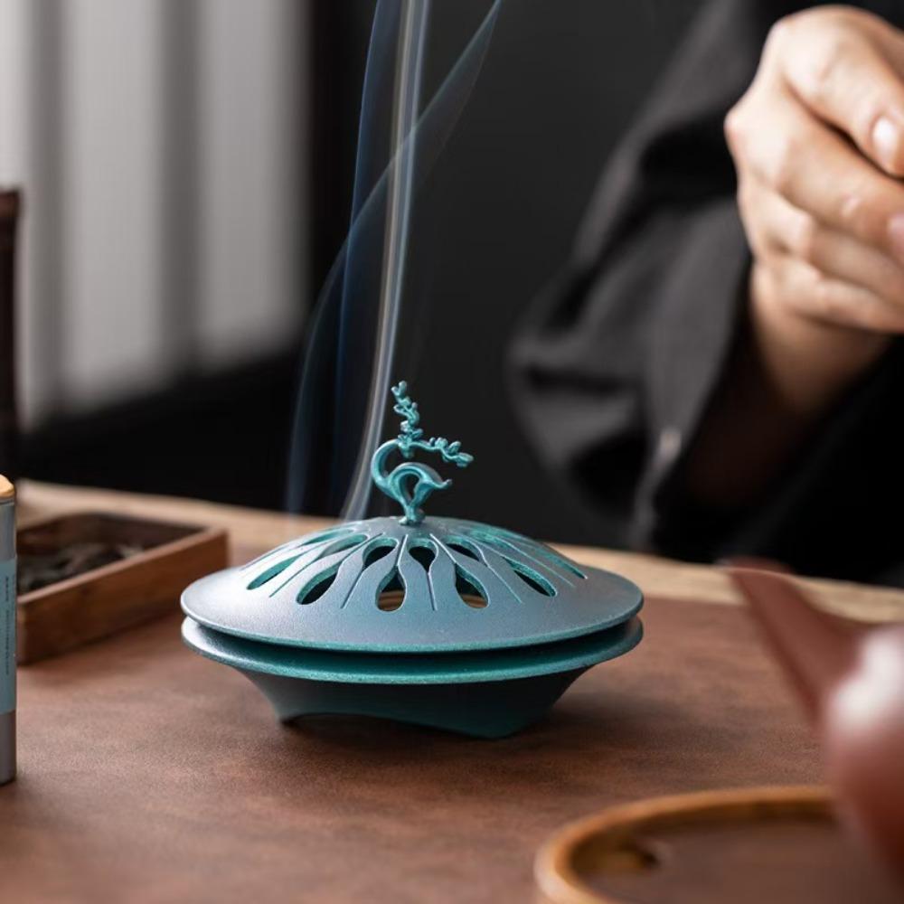 Zinc Alloy Backflow Incense Holder Hollow Lid Fragrance Censer Retro Hollow Incense Burner  Home