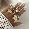 Exaggerated Gold Color Geometric Rings Set For Women Rhinestone Flower Heart Trendy Imitation Pearl Steam Punk Personality Gifts