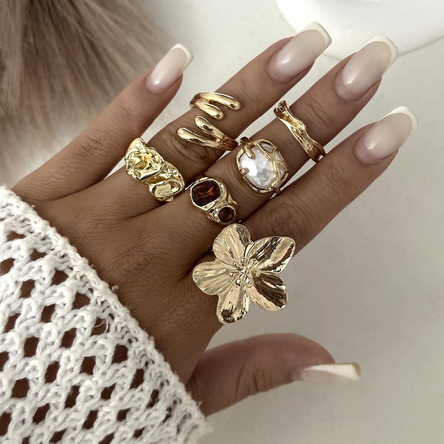 

6-10Pcs/Set Beach Style Blue Flower Starfish Shell Knuckle Rings For Women Bohemia Vintage Gold Color Metal Finger Ring Zircon