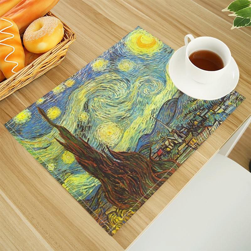 Van Gogh The Starry Night Print Linen Dining Table Mats Alphabet Kitchen Placemat 30X45cm Coasters Pads Bowl Cup Mat