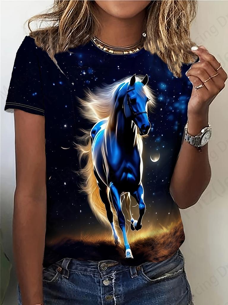 T-shirt d'été vintage pour femme avec imprimé cheval en 3D, t-shirt tendance pour femme, col ras du cou, manches courtes, hauts pour enfants, t-shirts animaux