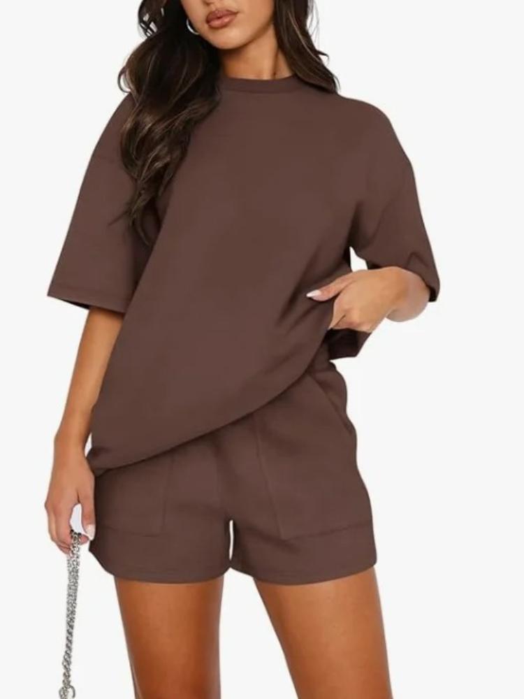 Fashion Summer Solid Casual Suit Elegant Casual O Neck Short Sleeve Short Pants Set Of 2 Pieces Holiday Womens Clothing
