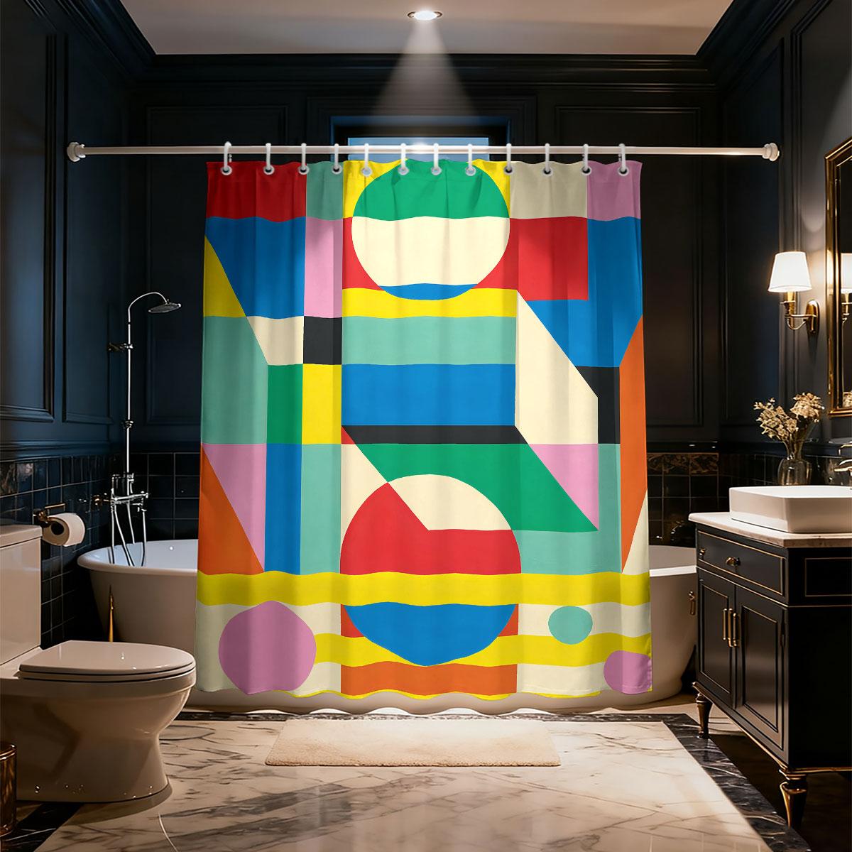 

1Pc Bauhaus Geometric Printed Waterproof Shower Curtain Partition Privacy Hanging Curtain Multiple Sizes 12 Hooks W60H190(CM)-1 Pcs