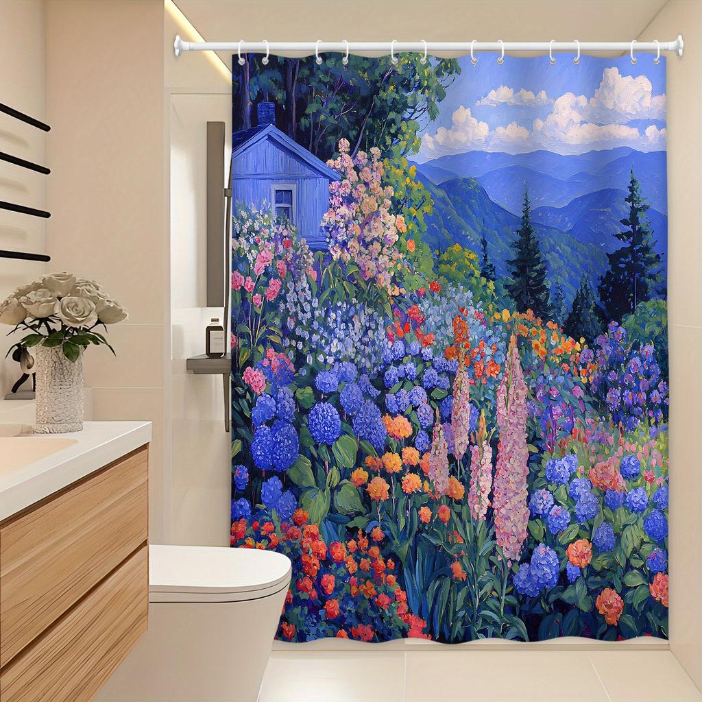 Vibrant Garden Shower Curtain - Blue House & Flowers, Rolling Hills, Polyester, Machine Washable, Perfect Bath Decor