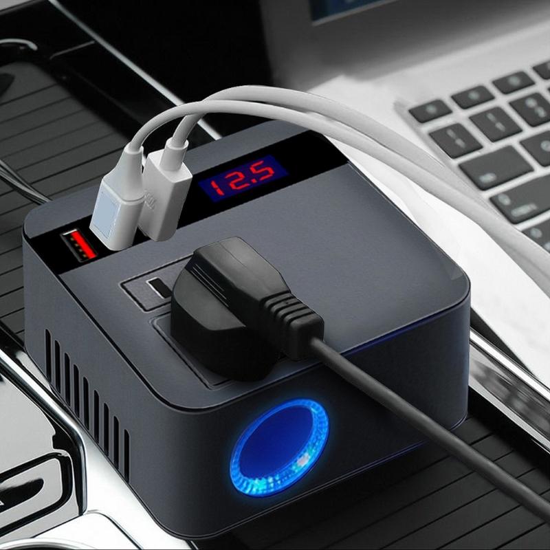 150W Car Power Inverter 12V/24VDC To 220VAC Converter with Three USB Charging Ports USB Car Outlet Adapter for Vehicle
