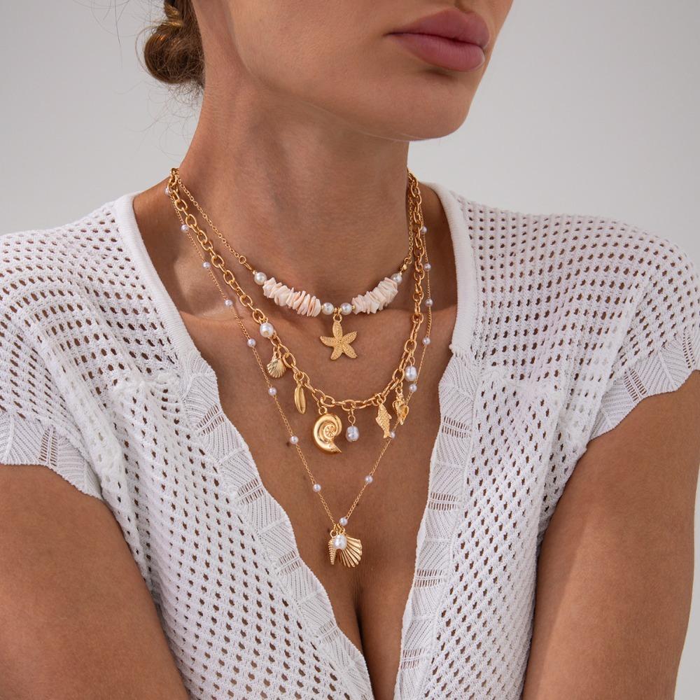 Necklace Set Starfish Conch Necklace Boho Multilayer Clavicle Chain Shell Pendant Choker  Summer