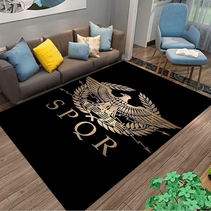 Roman SPQR Eagle Emblem Carpet with Laurel Wreath Design Black Background Suitable for Use As an Anti-slip for Living Room Bedroom Sofas