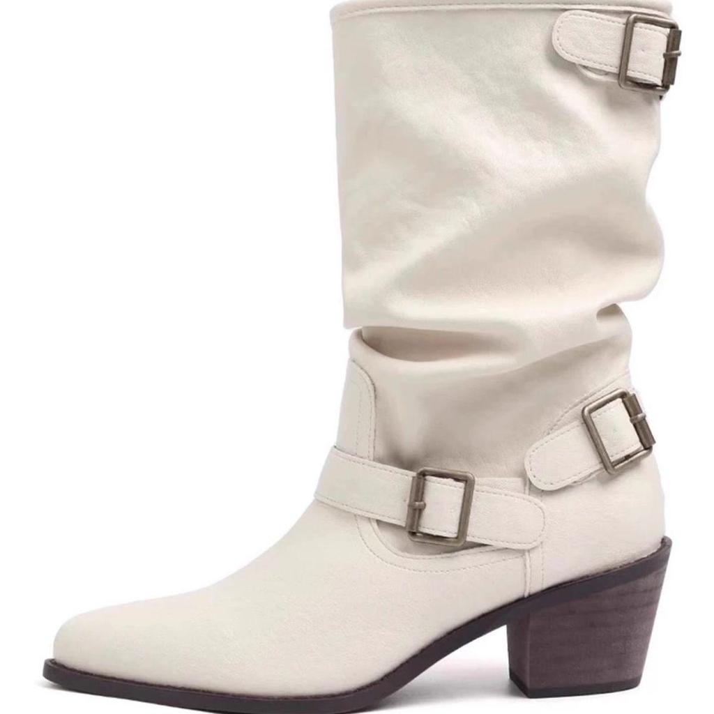 Damen Weiße Mid-Calf Chunky Heel Martin Boots - Weiches Leder, Spitze Zehenpartie, Europäischer & Amerikanischer Stil, Herbst/Winter 2025 Kollektion.