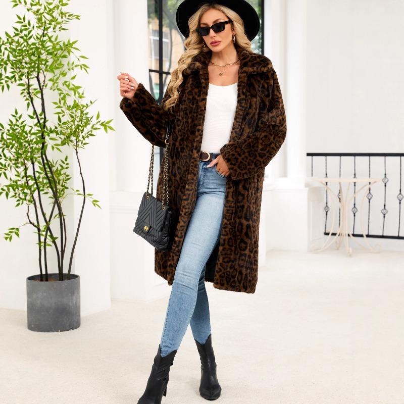 0 Women's autumn and winter leopard print long imitation fur warm coat plush jacket
