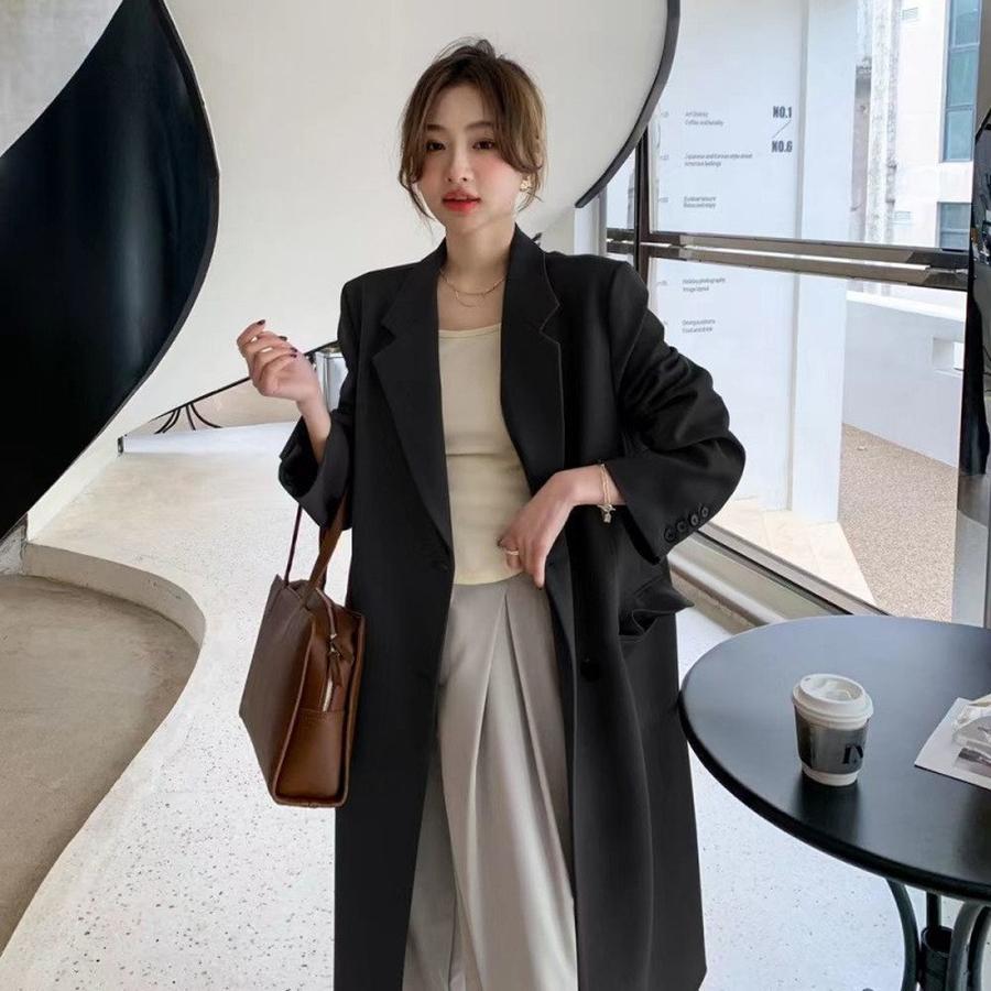 Весна/Осень Корейский Стиль Длинный Блейзер Женский Повседневный Костюм Свободного Кроя Приталенное Пальто S чёрный