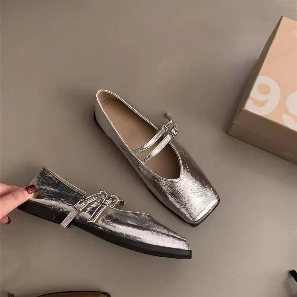 Square Toe Women Mary Jane Shoes Fashion Shallow Ladies Casual Soft Sole Flats 2024 New Women's Comfort Sliver Ballerinas Shoes