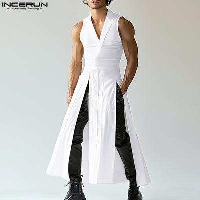 Summer Men Lapel V Neck Sleeveless Splits Casual Long Tunic Tank Tops