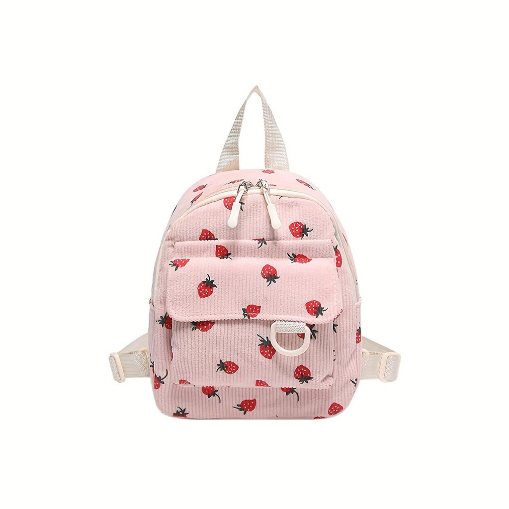 Sac à dos décontracté à la mode - Mini sac à bandoulière double en velours côtelé avec fermeture éclair, poche utilitaire, motif fruits