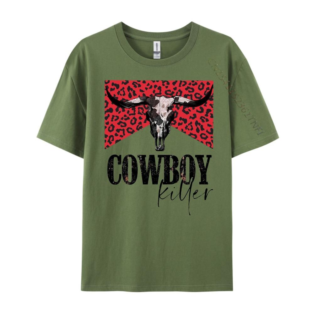 Western Cowgirl Leopard Punchy Cowboy Killers Bull Horn Funny T Shirts Unisex Clothes Gift Tee Cotton Short Sleeve