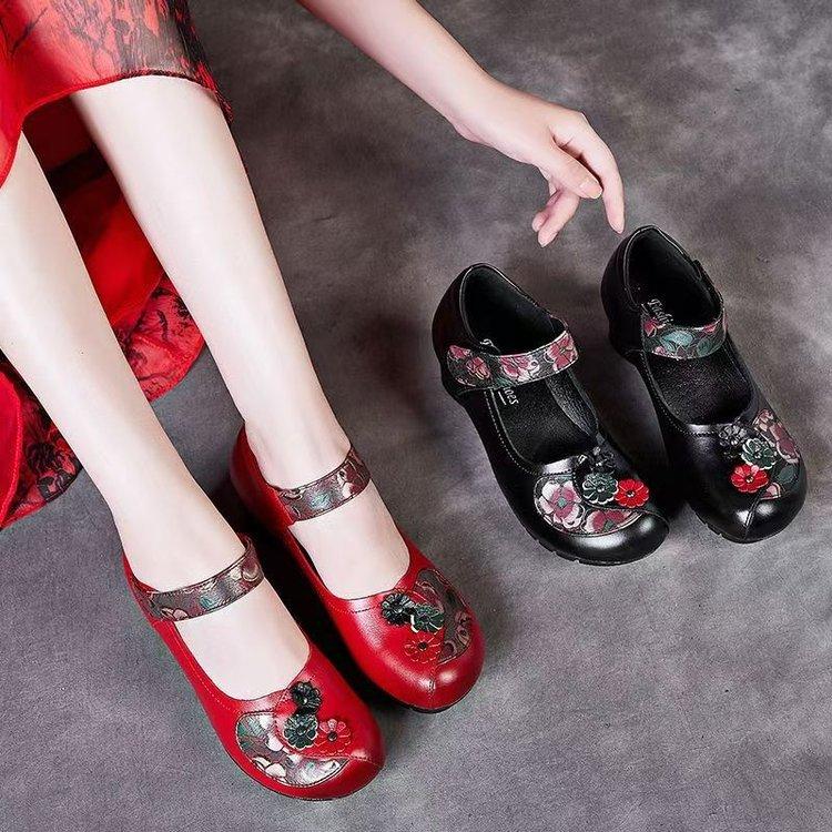 Retro Ethnic Style Women's Shoes 2025 Spring New Shallow Mouth Single Shoes Thick Heel Soft Sole Comfortable Women's Leather Shoes Mother Shoes