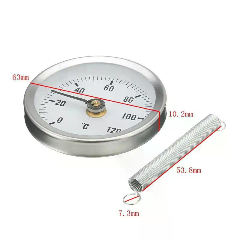 Termometro a pinza in acciaio inossidabile per tubi 0-120℃ Molla riscaldante su tubo 63mm Strumento industriale Indicatore temperatura metallica a molla