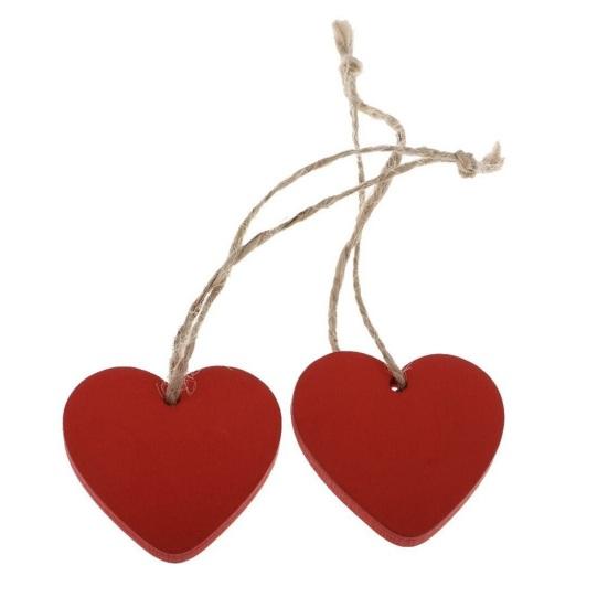 10 Pcs Wood Heart Block Sign Red Heart Shaped Hanging Ornaments with Hole Hemp Ropes