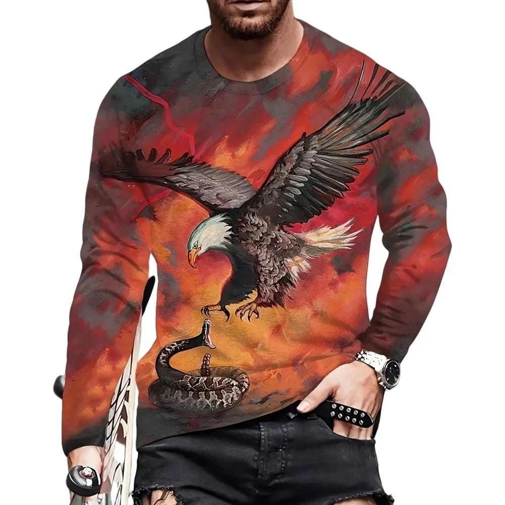 Street trend 3D eagle print men's casual round neck long sleeved T-shirt