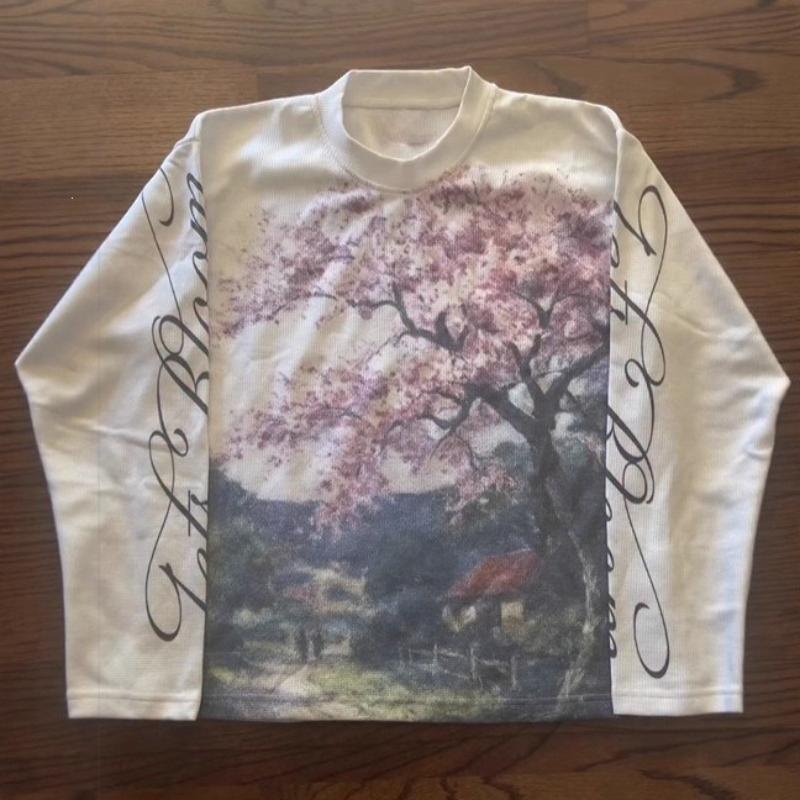 European and American y2k floral letter printed street casual style loose round neck top