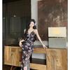 Seaside Vacation Wind V-neck Floral Neck Suspender Dress, Beautiful Waist Slim-fitting Hip-wrapped Split-fork Long Dress