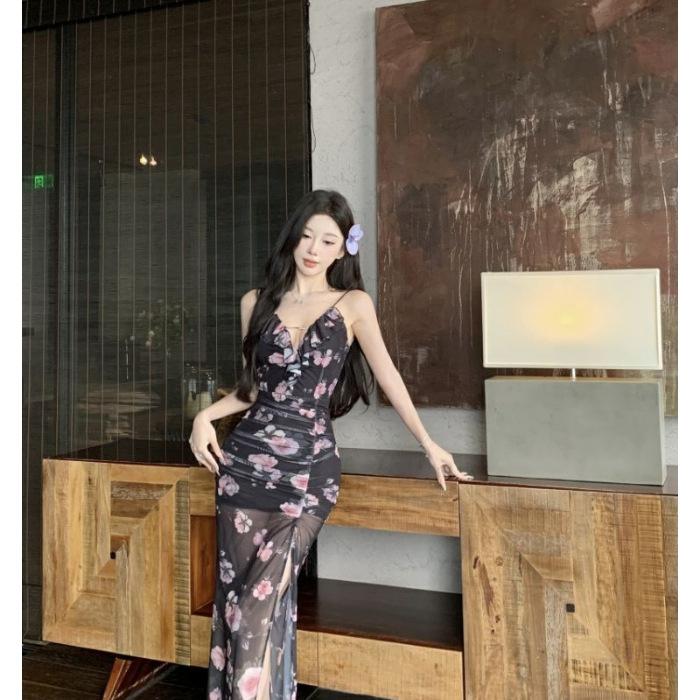 

Seaside vacation wind v-neck floral neck suspender dress, beautiful waist slim-fitting hip-wrapped split-fork long dress XL чорний