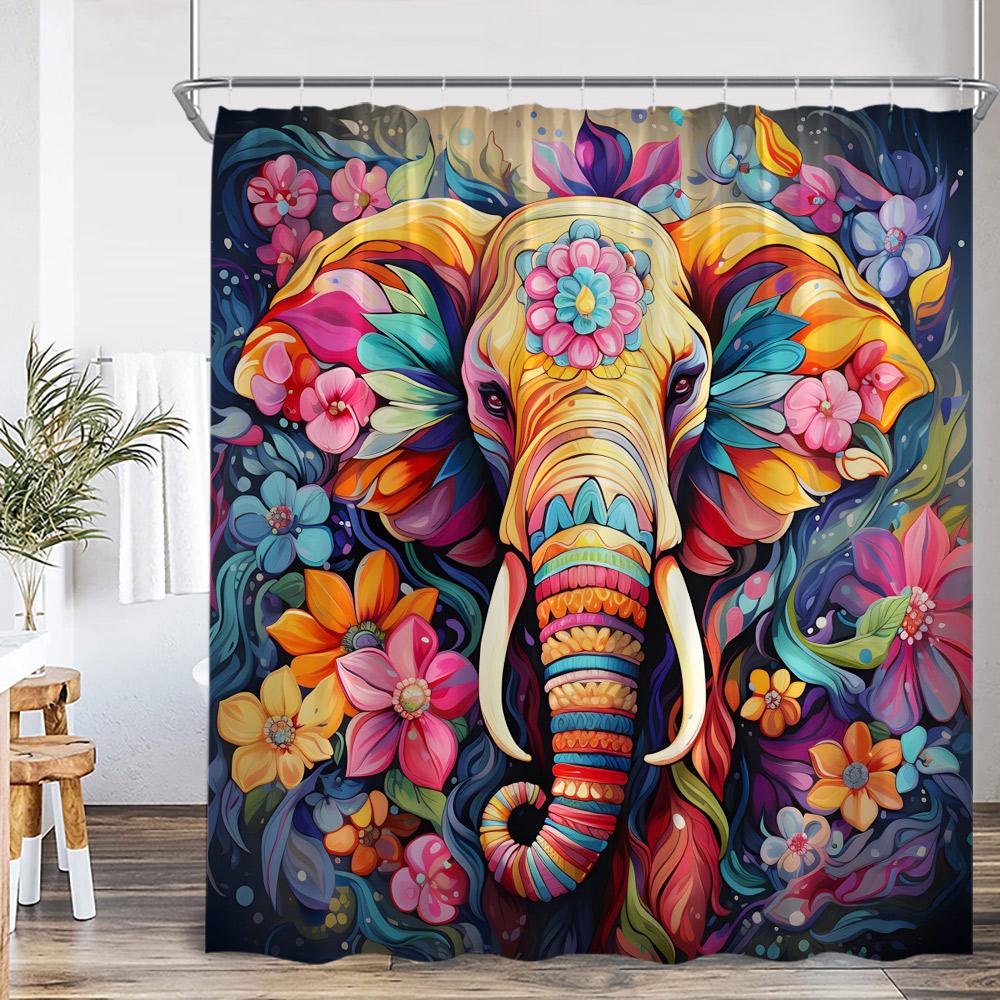 Elephant Boho Shower Curtain Mandala Colorful Flower Doodle Wild Animal Art Bathroom Decior Ethnic Indian Bath Curtain with Hook