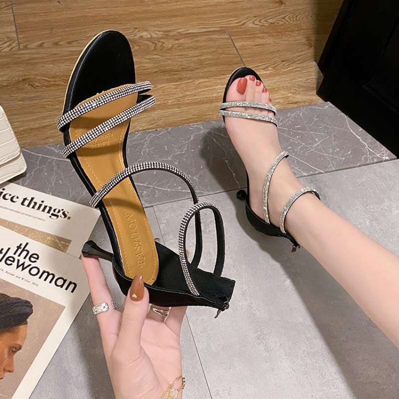 2025 new high-heeled sandals women's summer fashion outer wear leopard print word with rhinestone open-toed Roman sandals women's fine heels