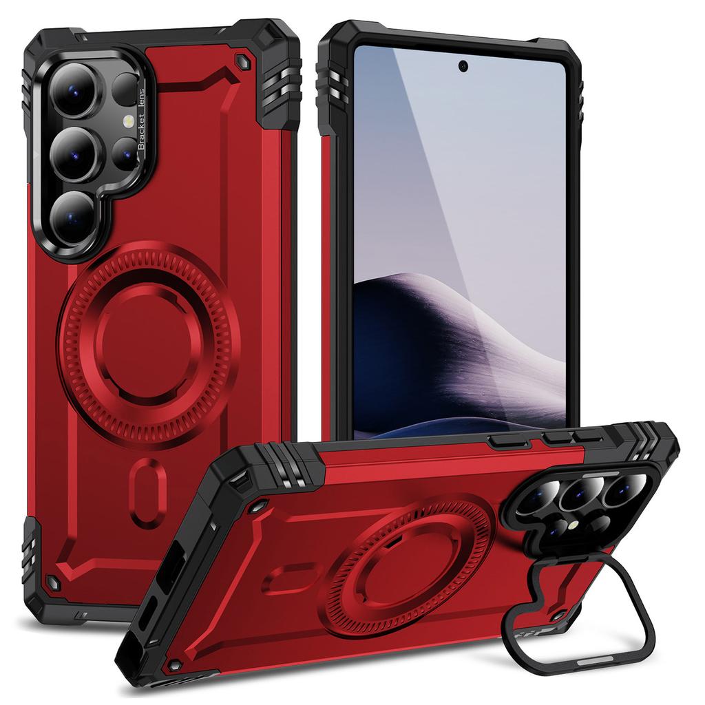 For Samsung Galaxy S25 Ultra Magnetic Case Lens Kickstand PC+TPU Shockproof Phone Cover
