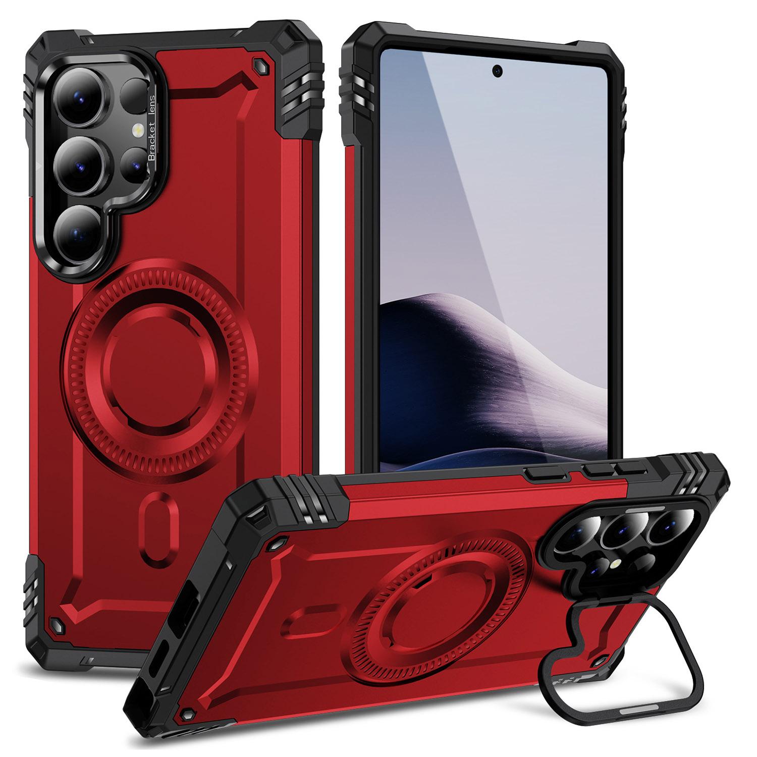 

Магнитный чехол для Samsung Galaxy S25 Ultra с подставкой для объектива, ударопрочная накладка для телефона из ПК+ТПУ Red