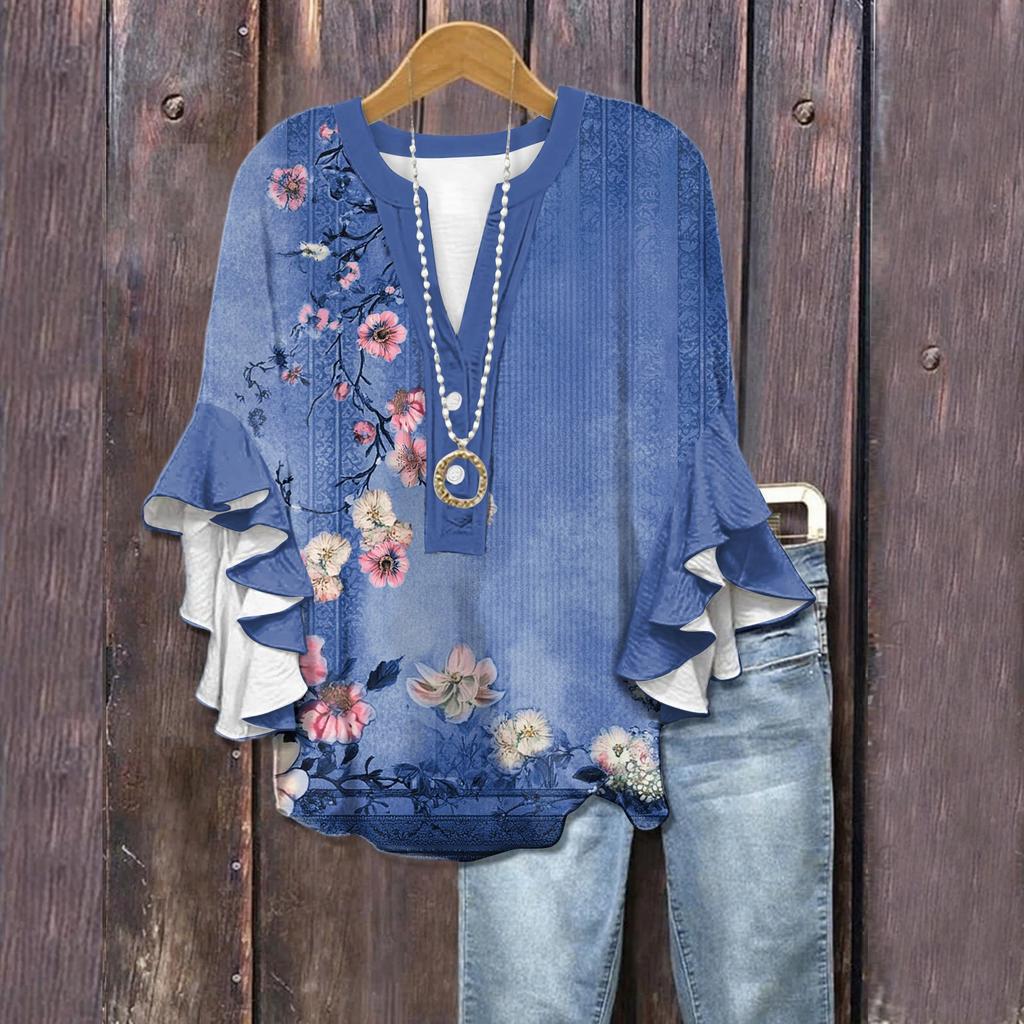 Summer Tops For Women Cute V Neck 3/4 Sleeve Blouses Floral Print Top Casual Shirts