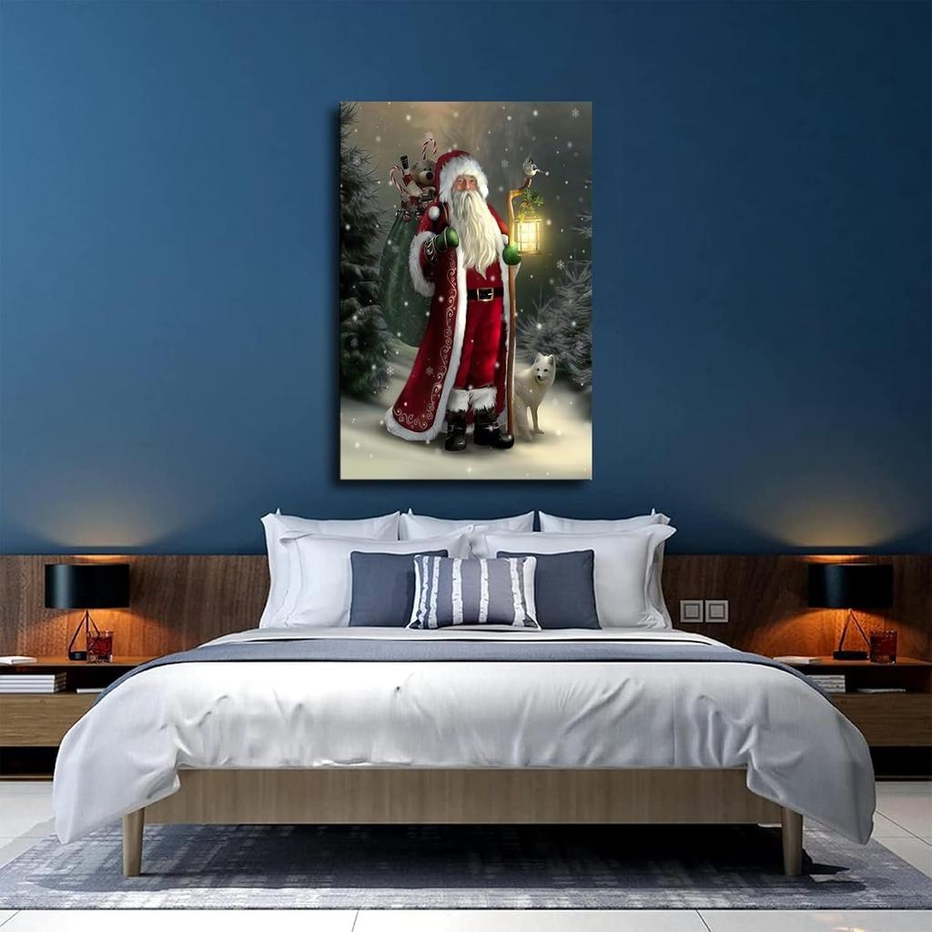 Image of Santa Claus Poster Canvas Print Christmas Wall Art Wall Christmas Pictures Home Bedroom Living Room Wall Decoration (Framed,16×24inch)