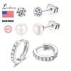 3Pairs Fine Jewelry Earings Set for Women 925 Sterling Silver CZ Freshwater Pearl Earrings Cartilage Studs Hoop Earring
