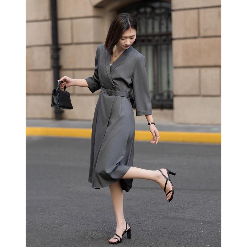 Demana Women's Shawl Collar Double-Breasted A-Line Dress