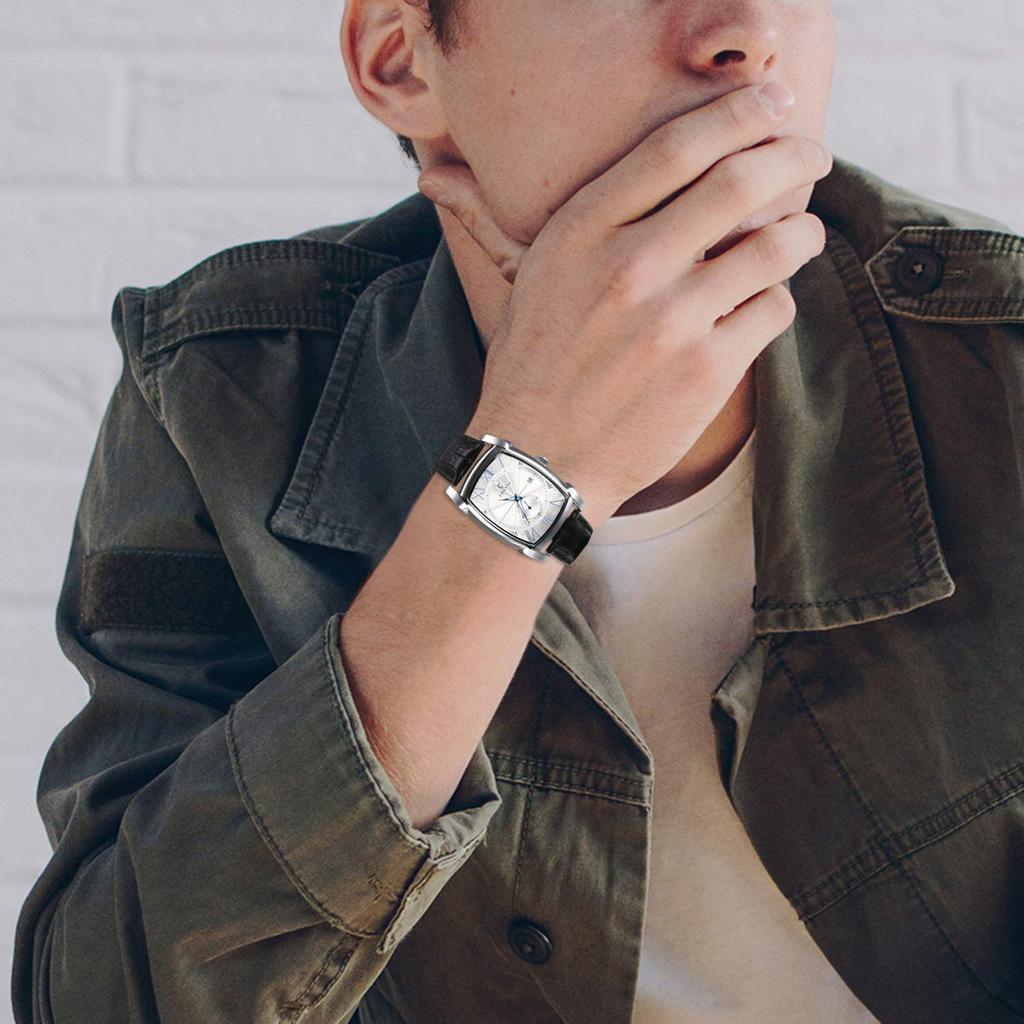 JEWELRYWE Watch with Leather 3ATM Water Roman Japanese Quartz Square Gift for Boyfriend Men's Strap, Calendar, Resistance, Numerals, Analog, Movement,