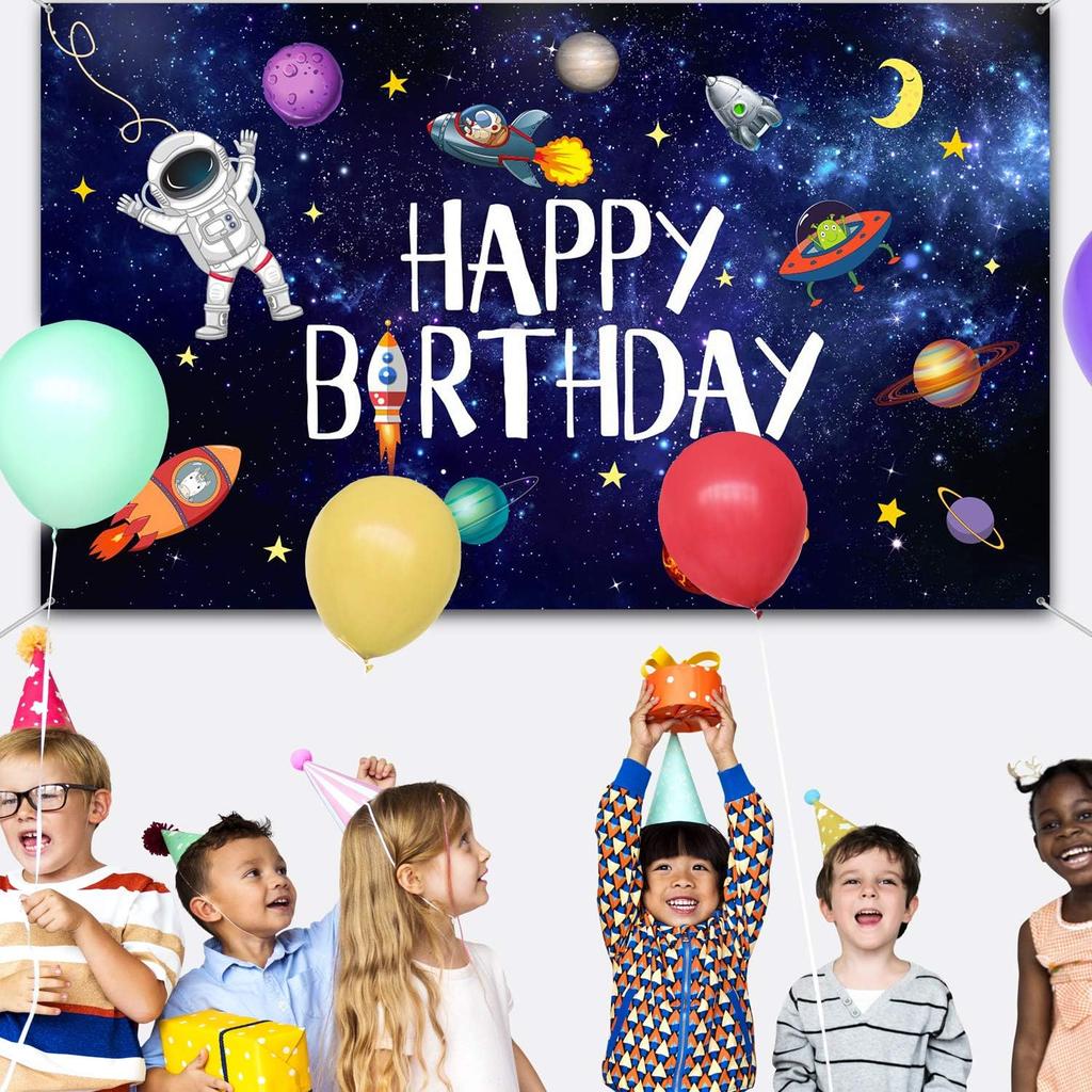 Boao Space Happy Birthday Photography Background Astronaut Rocket Backdrop Banner for Children's Birthday Galaxy Planet Party Photo Booth Backdrop,