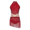 Womens Rhinestones Latin Dance Performance Gymnastics Figure Skating Costume Jazz Dance Outfits Tassels Adorned Leotard Bodysuit