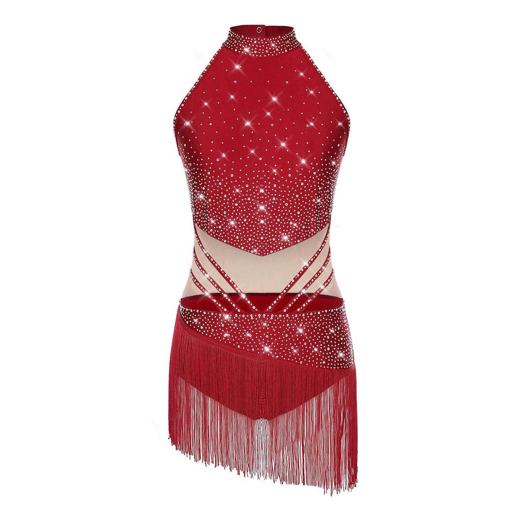 Womens Rhinestones Latin Dance Performance Gymnastics Figure Skating Costume Jazz Dance Outfits Tassels Adorned Leotard Bodysuit